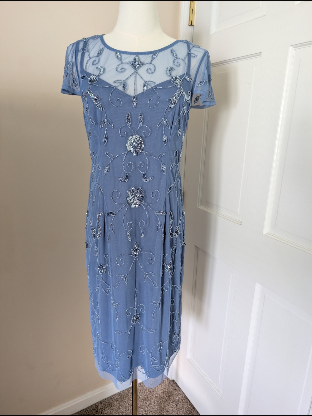 Adrianna Papell Dusty Blue Beaded Midi Dress